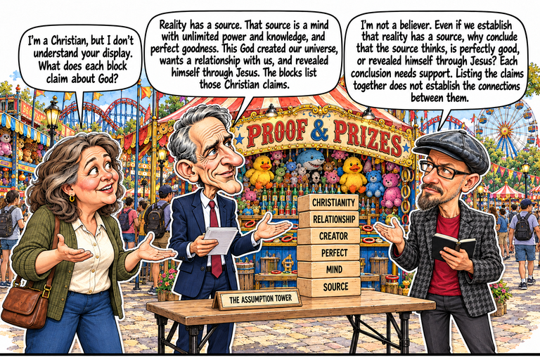 Scene 1: What the blocks claim. Ruth at left asks about the display with open palms. William holds notes and gestures toward six labeled wooden blocks; Phil at right holds an open notebook and raises an open hand. The blocks stand on a wooden folding table beside a THE ASSUMPTION TOWER placard, with the crowded Proof & Prizes booth and rides behind them.