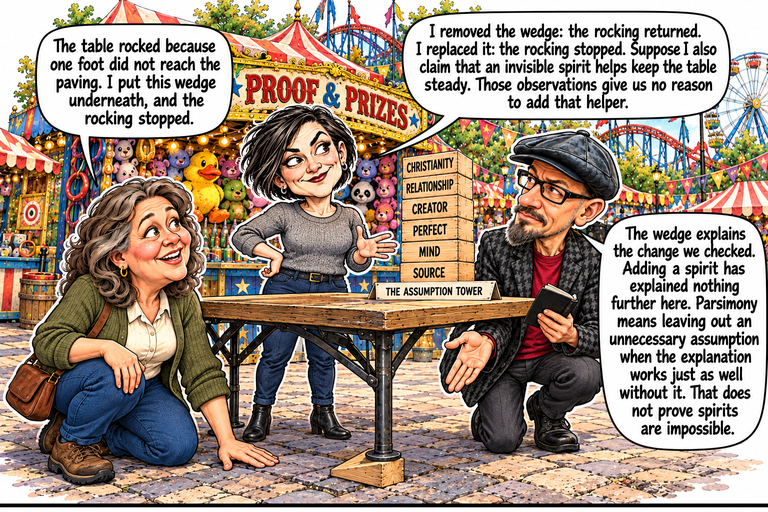 Scene 2: What the wedge explains. Ruth kneels beside a wooden folding table with one hand on the paving. A wooden wedge supports its near-right metal foot. Morgan stands behind the table with her hands withdrawn; Phil kneels opposite, holding a closed black notebook and opening his other palm toward the repair. Six upright blocks read, from bottom to top, SOURCE, MIND, PERFECT, CREATOR, RELATIONSHIP and CHRISTIANITY. A small placard reads THE ASSUMPTION TOWER. The colorful Proof & Prizes booth and rides fill the background.