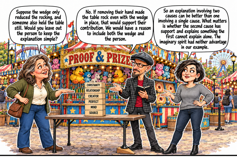 Scene 3: When two causes are needed. Ruth stands at left with one hand at her hip and the other palm hovering well above a plain folding table without touching it. Phil stands in the center holding a black notebook and opening his other palm; Morgan stands at right with one hand at her hip and her other palm open. Six wooden blocks form a vertical tower labeled SOURCE, MIND, PERFECT, CREATOR, RELATIONSHIP and CHRISTIANITY from bottom to top. A single triangular wooden wedge supports the table’s near-right metal foot on the paving. The Proof & Prizes booth, toys, bottles, rings, rides and park visitors fill the background. Three balloons read Ruth, Phil, then Morgan.