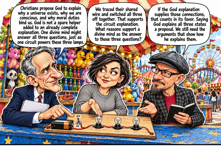 Scene 4: Does one cause explain several things?. William at left points beside an OFF switch on a board with three unlit lamps and a battery. Morgan opens a palm above the shared wire. Phil holds an open black notebook and responds with an open hand. Plush prizes, bottle rows and distant rides fill the park behind them.