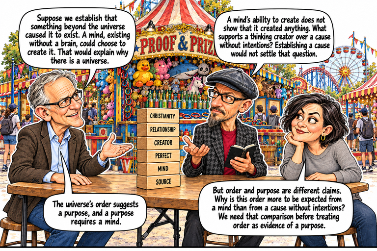 Scene 5: Why say the source thinks?. Greg sits at left with one palm open and the other hand on a plain folding table. Phil sits in the center holding a black notebook and raising an open palm. Morgan sits at right with her chin resting on one hand and her other hand on the tabletop. Six wooden blocks form a vertical tower labeled SOURCE, MIND, PERFECT, CREATOR, RELATIONSHIP and CHRISTIANITY from bottom to top. The four balloons read across the top row Greg, Phil, then across the lower row Greg, Morgan. Proof & Prizes, stuffed prizes, bottles, rides and passing visitors fill the background.