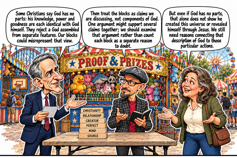 Scene 6: Are the blocks parts of God?. William at left holds notes and opens a palm toward Phil. Phil holds an open notebook and responds with an open hand; Ruth at right raises both palms. The six labeled wooden blocks remain together on the table, with plush prizes, bottles and rides behind the group.