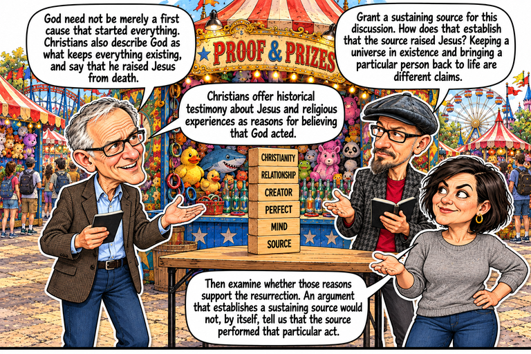 Scene 7: Does a source establish a resurrection?. Greg stands at left holding a closed dark pamphlet and opening his other palm. Phil stands behind the right side of a plain folding table, holding a black notebook and opening his other palm. Morgan stands at lower right with one hand at her hip and her other palm open. Six wooden blocks form a vertical tower labeled SOURCE, MIND, PERFECT, CREATOR, RELATIONSHIP and CHRISTIANITY from bottom to top. The balloons read Greg at upper left, Phil at upper right, Greg in the center, then Morgan below. Proof & Prizes, stuffed prizes, bottles, rides and park visitors fill the background.