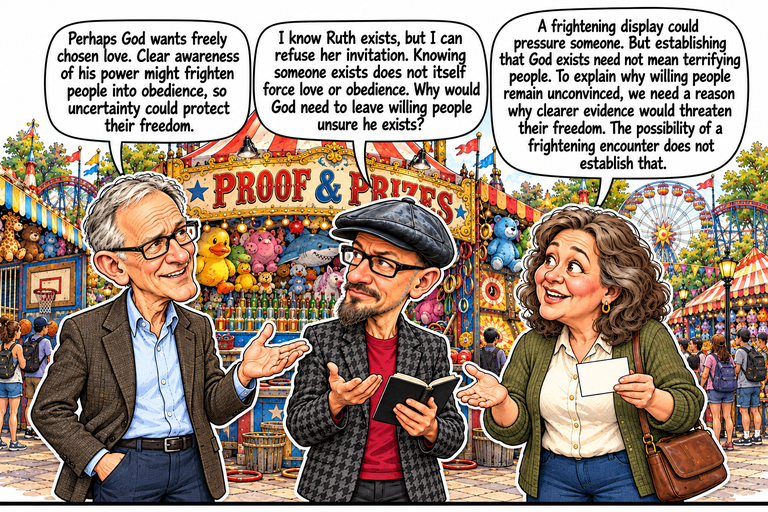 Scene 9: Does knowing someone exists remove freedom?. Greg stands at left with one hand in his pocket and the other palm open toward Phil. Phil stands in the center holding one black notebook and raising an open palm. Ruth stands at right holding a blank rectangular invitation card and opening her other palm toward them. The Proof & Prizes booth, stuffed prizes, bottle rows, rides and passing visitors fill the background. Three balloons read Greg, Phil, then Ruth.