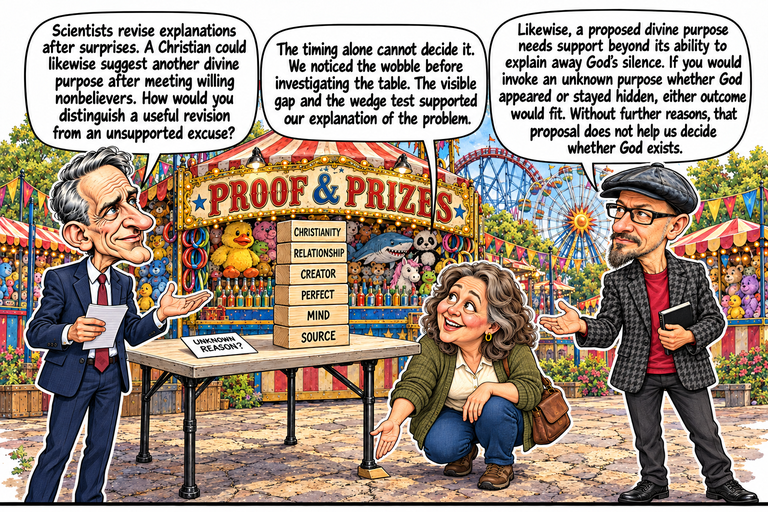 Scene 11: When a revised explanation deserves support. William at left raises an open palm while holding notes. Ruth crouches beside the table and gestures toward the single wooden wedge under its near-right metal foot. Phil at right holds a closed black notebook and responds with an open hand. The six-block tower stands on the tabletop beside a separate UNKNOWN REASON? card, against the busy Proof & Prizes booth.
