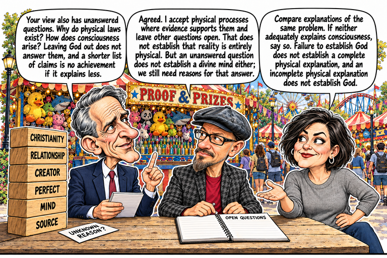 Scene 12: Unanswered questions remain unanswered. William, Phil and Morgan sit at the wooden table in front of Proof & Prizes. William raises one index finger while holding his notes. Phil rests his hands beside an open notebook headed OPEN QUESTIONS, with otherwise blank ruled pages. Morgan opens one palm toward it. The six labeled blocks remain upright at the left; a loose UNKNOWN REASON? card lies flat on the table. Colorful prizes, rides and passing visitors fill the background.