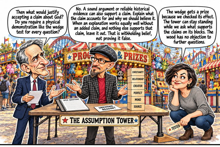 Scene 13: What would justify another claim?. At Proof & Prizes, William stands at the left with paper notes and an open palm; Phil stands in the center with both hands open and empty. Morgan crouches at the right, resting her chin on one hand and holding a TESTED prize ticket beside the wooden wedge supporting the table’s near-right metal foot. The six blocks remain standing, labeled from bottom to top SOURCE, MIND, PERFECT, CREATOR, RELATIONSHIP and CHRISTIANITY. One open black spiral notebook marked OPEN QUESTIONS is propped on the table beside the loose UNKNOWN REASON? card. A THE ASSUMPTION TOWER placard hangs from the table. Plush prizes, rings, bottles, rides and passing visitors fill the park behind them.