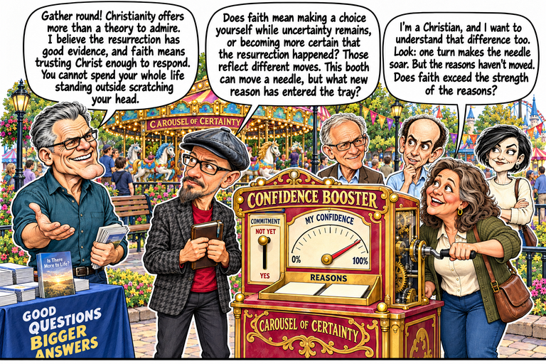 Scene 1: More confidence while you wait. Frank speaks at left with brochures and an open hand. Phil holds his closed notebook at center while Ruth grips the crank at right. Greg, Jonathan and Morgan listen behind them. The CONFIDENCE BOOSTER has a separate COMMITMENT lever at NOT YET, a MY CONFIDENCE dial pointing high but below 100%, and exactly two blank cards in the REASONS tray.