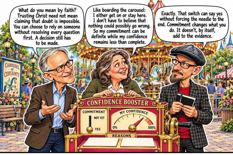 Scene 2: Two controls, two questions. In a closer view, Greg gestures with open palms at left, Ruth rests her hands on the cabinet at center, and Phil holds his closed notebook at right. The separate COMMITMENT lever is now at YES while the MY CONFIDENCE dial remains below 100%. Two blank cards remain in the REASONS tray. Carousel riders and visitors fill the background; the other named listeners are outside this framing.