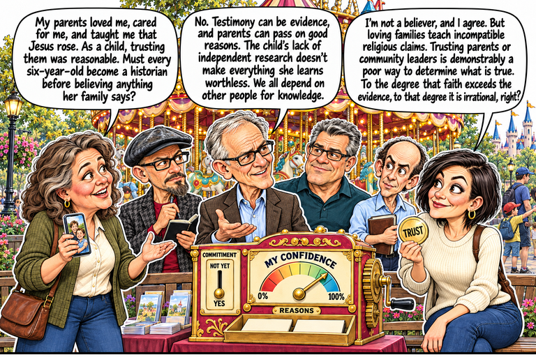 Scene 3: The family setting. Ruth holds a phone showing a family photograph at left. Greg answers with an open palm at center; Morgan holds a round TRUST token at right. Phil, Frank and Jonathan listen behind them. The machine’s separate commitment lever remains at YES and two blank reason cards remain beneath its confidence dial.