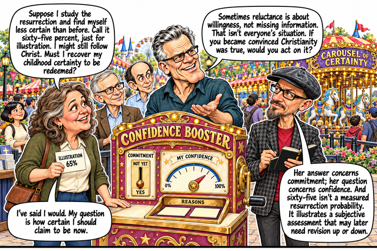 Scene 5: The number is an illustration. Ruth holds an ILLUSTRATION 65% card and rests her other hand on the counter. Frank speaks with an open palm at center while Phil writes in his notebook at right. Greg, Jonathan and Morgan listen behind them. Four balloons give Ruth’s question, Frank’s reply, Ruth’s follow-up and Phil’s distinction. The CONFIDENCE BOOSTER still has two reason cards and a separate YES lever.