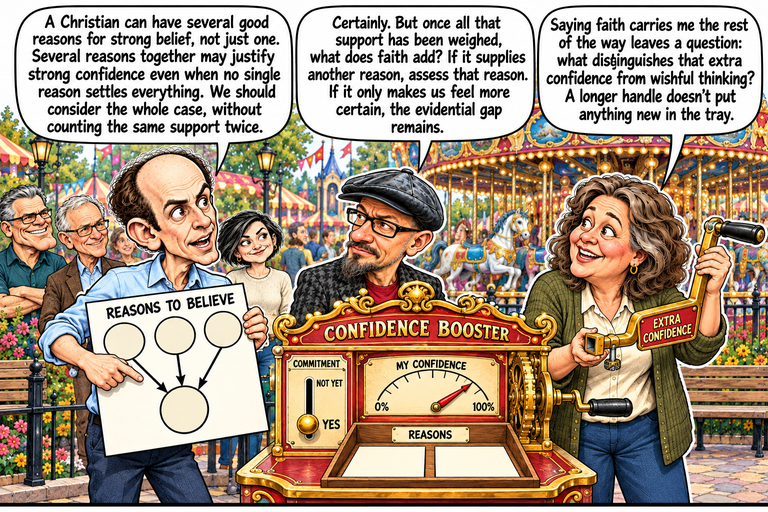 Scene 6: What does faith add?. Jonathan holds a REASONS TO BELIEVE diagram at left: three separate upper circles have arrows leading into one lower circle. Phil listens at center. Ruth holds a detached EXTRA CONFIDENCE crank extension at right, with a visible open socket and a gap from the machine. Frank, Greg and Morgan listen at left behind Jonathan. The CONFIDENCE BOOSTER retains its YES lever, dial below 100%, and two reason cards.