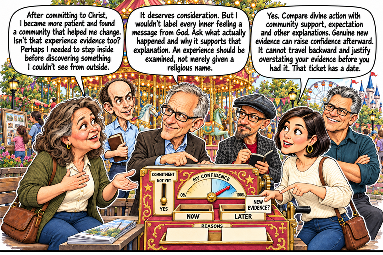 Scene 7: Evidence cannot arrive yesterday. Ruth describes her experience at left, Greg answers in the middle, and Morgan holds a NEW EVIDENCE? ticket above the LATER box at right. Her other finger indicates the ticket. A separate NOW box sits alongside it, above the unchanged two cards in the REASONS tray. Jonathan, Phil and Frank listen. The commitment lever remains at YES.
