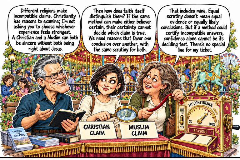 Scene 8: The inspection travels. Frank stands on the left with an open book and an open hand. Morgan holds a single magnifying glass above two equally sized cards labeled CHRISTIAN CLAIM and MUSLIM CLAIM. Ruth holds the whole loose velvet cord at the right. The confidence cabinet remains beside them, with its separate controls and two reason cards. Carousel horses and passing visitors fill the background.