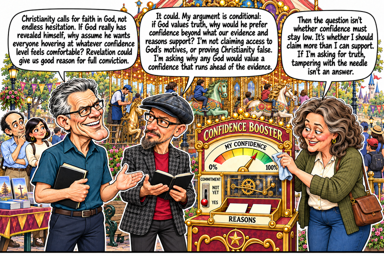 Scene 9: The proposed divine preference. Frank gives his reply at left with a book in hand. Phil answers at center with his notebook open. Ruth holds a small blue cloth against the outside of the confidence dial at right; the pointer and two reason cards are unchanged. The cabinet reads CONFIDENCE BOOSTER, MY CONFIDENCE and REASONS, with commitment at YES. Jonathan and Morgan listen behind Frank while a park worker and carousel riders remain in the background.