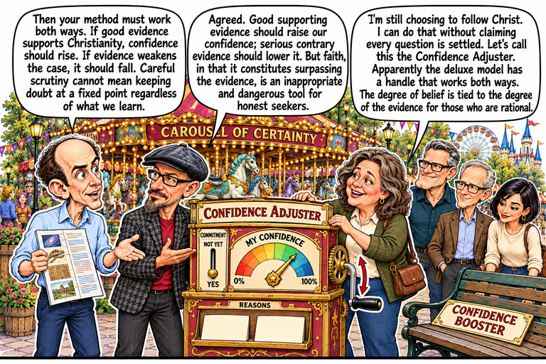 Scene 10: A handle that works both ways. Jonathan holds a sheet of possible evidence at left, Phil answers with an open palm, and Ruth fits a CONFIDENCE ADJUSTER sign over the machine. The old CONFIDENCE BOOSTER sign rests on a bench at right. A two-headed arrow beside the crank indicates adjustment in both directions. Frank, Greg and Morgan watch. The separate YES lever and two reason cards remain.