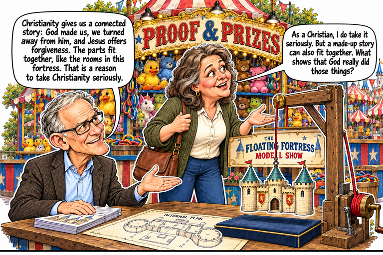Scene 1: Every room fits. Greg sits at the left of the booth, one palm open above an open floor plan and his other hand on leaflets. Ruth stands behind him holding her bag strap and opening her other hand toward a three-tower model. A red cord suspends the model above a blue pad, passing over a pulley toward the crank on the right. Bright prizes fill the booth behind them.