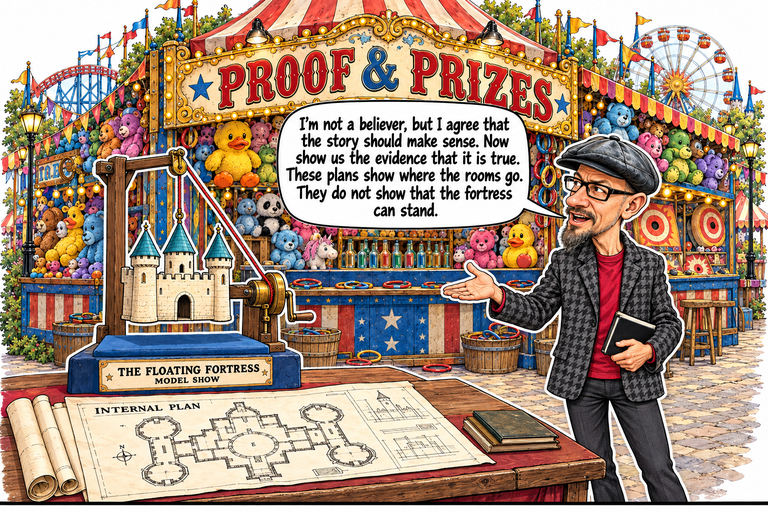 Scene 2: What holds the story up?. Phil stands on the right, holding his closed notebook low and opening his other hand toward a large floor plan spread on the table. At left, a red cord over a brass pulley holds a cream three-tower model above a blue pad; the stationary drum and crank are visible. Colorful prizes fill the booth behind him.