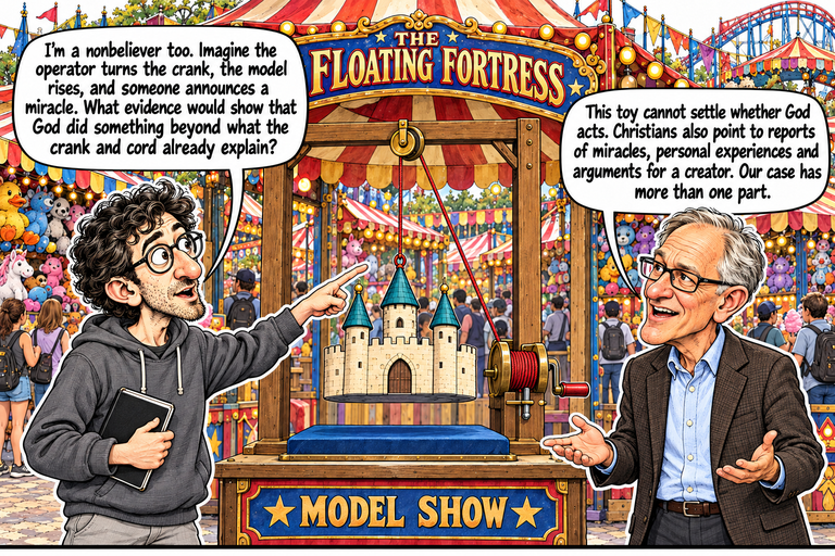 Scene 3: What would be different?. Alex holds a notebook and points toward the red cord’s attachment above the model. Greg faces him with both palms open. Between them, a three-tower cream castle hangs above a blue pad; its red cord runs over a brass pulley to a drum and stationary crank. Prizes and passing visitors fill the booth behind them.
