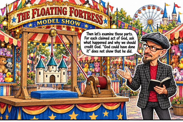 Scene 4: Why credit God?. Phil stands at right with an open notebook in his left hand and his right palm extended toward the demonstration. A three-tower cream model hangs above a blue pad at left; one red cord runs over a brass pulley to the stationary crank. The booth reads THE FLOATING FORTRESS and MODEL SHOW.