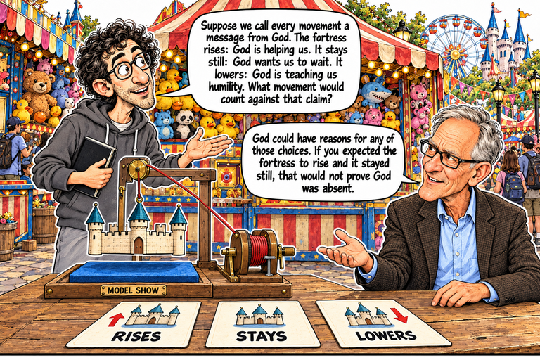 Scene 5: Three outcomes, three victories. Alex stands above-left of the demonstration while Greg sits or leans at the near counter on the right. Both hold open palms toward the discussion. Three foreground cards read RISES, STAYS and LOWERS with matching directions. The three-tower model hangs above its blue pad; the cord, pulley, locked drum and crank remain visible.