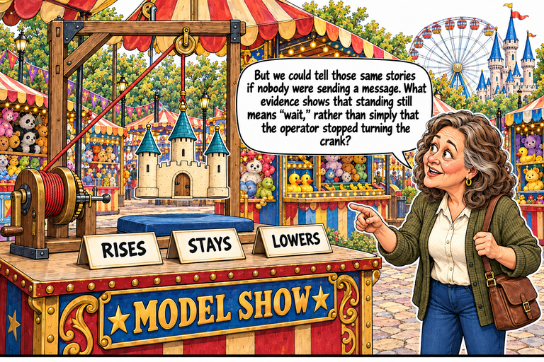 Scene 6: Why does stillness mean wait?. Ruth stands at right, holding her bag strap and pointing left above three cards labeled RISES, STAYS and LOWERS. The cream three-tower model remains suspended above its blue pad, with the red cord, brass pulley, stationary drum and crank visible. Her balloon asks why stillness should be interpreted as a message.