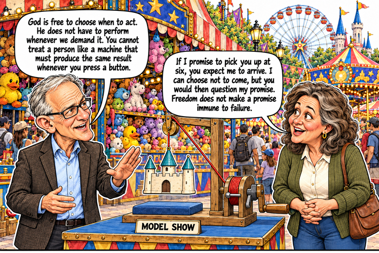 Scene 7: The operator is free. Greg raises an open palm beside the stationary model while Ruth stands opposite with her hands clasped. The three-tower castle hangs over the blue pad. Its red cord passes over one brass pulley to a crank with an engaged pin. Their balloons compare freedom to choose with the reliability of a promise.