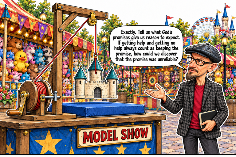 Scene 8: What would break the promise?. Phil stands at right holding his closed notebook and extending an open palm toward the model. The stationary three-tower castle hangs above a blue padded stand. One red cord is tied at its central roof eye and passes over the brass pulley to the locked drum at left. His balloon asks what would show that a promise was unreliable.