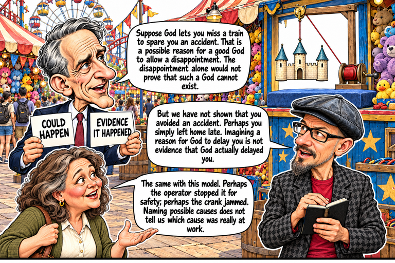 Scene 9: “Could” is not “did”. William holds separate cards labeled COULD HAPPEN and EVIDENCE IT HAPPENED. Phil holds his notebook slightly open while answering. Ruth grips her bag strap and presents an open palm. The three-tower model hangs motionless by one red cord above its blue pad.