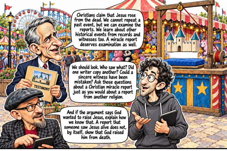Scene 10: History can reach the ground. William holds a folder labeled TESTIMONY with a small photograph of the demonstration. Alex raises an open palm while holding a closed notebook; Phil rests an index finger on his own notebook. Behind them the three-tower castle hangs above its blue pad with the cord, pulley and drum visible.