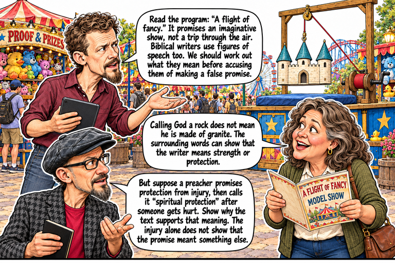 Scene 11: Context is allowed. Michael gestures with an open palm while holding his tablet. Ruth holds an open program marked A FLIGHT OF FANCY and MODEL SHOW. Phil holds a closed notebook and raises his free palm. Behind them, the three-tower castle hangs above its blue pad on a cord connected to the crank drum.
