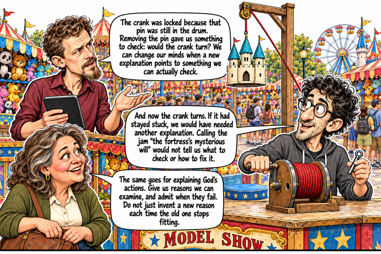 Scene 12: A repair that risks being wrong. Michael holds his tablet and opens one palm while Alex grips the foreground crank with his right hand and displays the removed locking pin in his left. Ruth rests her hands on her bag. The three-tower model hangs high above a blue landing cushion, with one cord over the pulley returning behind Alex to the drum.