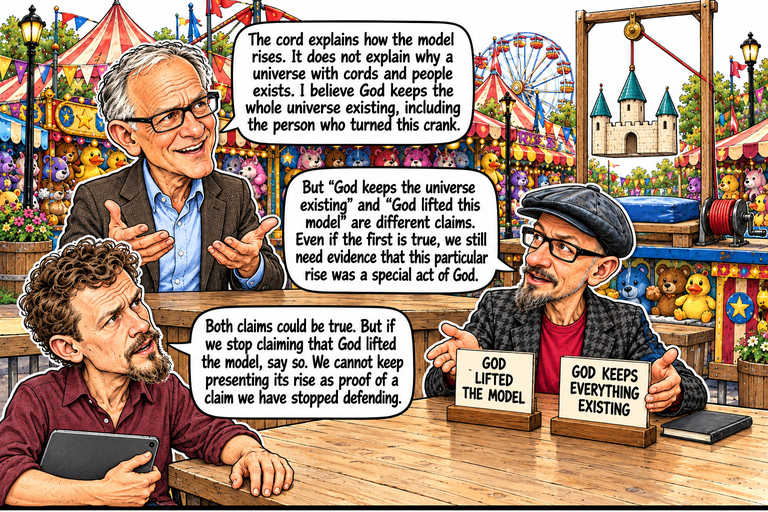 Scene 13: Keep the claim on the table. Greg, Phil and Michael discuss two cards on the counter: GOD LIFTED THE MODEL and GOD KEEPS EVERYTHING EXISTING. Greg opens both palms; Phil presents the cards while his closed notebook lies nearby. Michael holds a tablet and rests his other hand on the counter. The three-tower castle hangs above its blue pad behind them.