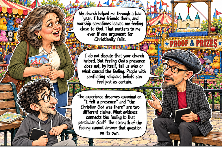 Scene 14: The feeling and its cause. Ruth holds her closed park program while describing her church. Phil sits to the right with a closed notebook and an open palm. Alex rests beside the rail, holding his closed notebook. A folded map lies on the left bench. Across the path, the three-tower model remains suspended over its blue pad above the Proof & Prizes booth.