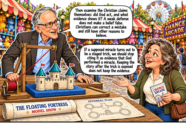 Scene 15: Permission to land. Greg rests both hands on the counter while Ruth holds her program and opens her other palm. The intact three-tower model rests on a blue pad, with its attached cord passing over the pulley to the stationary drum. A partly rolled plan in the foreground carries INTERNAL PLAN and THE FLOATING FORTRESS / MODEL SHOW labels.