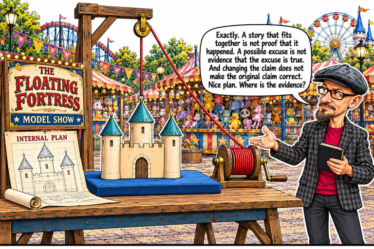 Scene 16: Where is the evidence?. Phil stands at the right, holding a closed black notebook and opening his other palm toward the display. The plain three-tower model rests directly on a blue pad. A single cord runs from its center roof over the pulley to the drum on the right. The partly rolled INTERNAL PLAN leans against the display at the left, below THE FLOATING FORTRESS / MODEL SHOW sign.