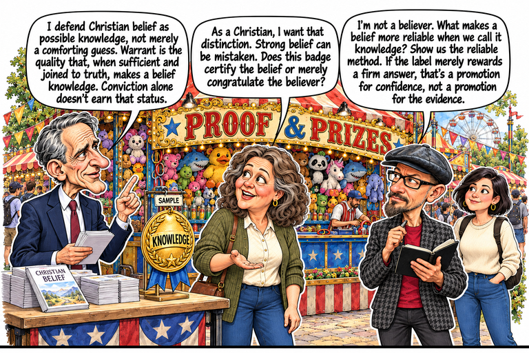 Scene 1: A title for the belief. At the crowded Proof & Prizes booth, William holds notes and raises a finger beside stacks of CHRISTIAN BELIEF pamphlets. Ruth gestures with an open hand beside a gold KNOWLEDGE badge on a stand marked SAMPLE. Phil, wearing his black cap and glasses, holds an open dark notebook and pen. Morgan watches beside him. Three balloons read from William at left, through Ruth at center, to Phil at right. Plush prizes, rides and passing visitors fill the open park behind them.