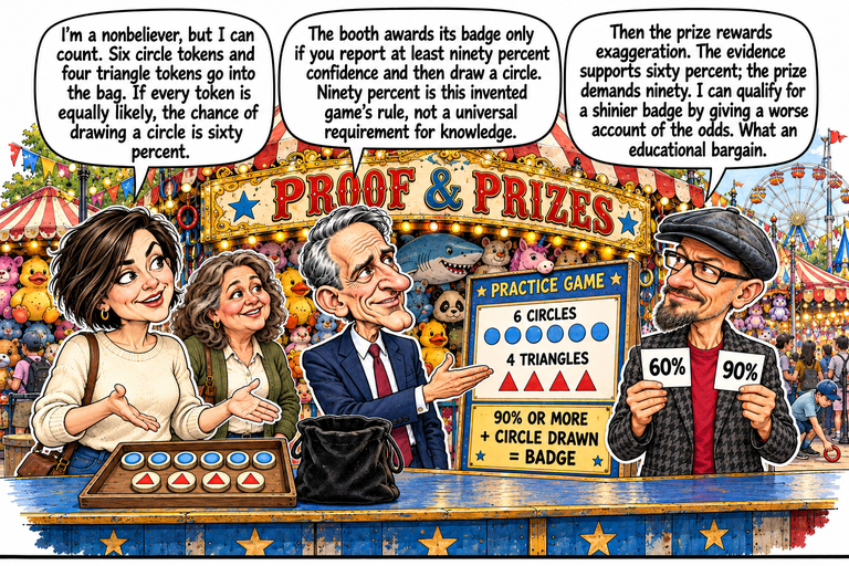 Scene 2: The prize rule. Morgan gestures toward a tray at left containing exactly six blue-circle tokens and four red-triangle tokens, beside an opaque black cloth bag. Ruth watches behind her. William presents the PRACTICE GAME sign at right: 6 CIRCLES, 4 TRIANGLES, and 90% OR MORE + CIRCLE DRAWN = BADGE. Phil holds separate 60% and 90% cards. The three speeches run left to right from Morgan, William and Phil, with the Proof & Prizes sign and toy prizes behind them.