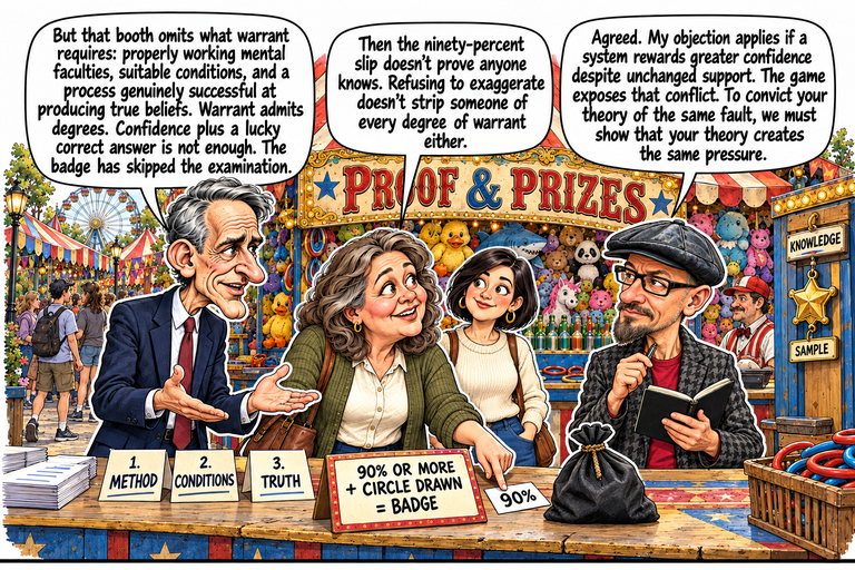 Scene 3: The missing conditions. William stands at left above three separate cards: 1. METHOD, 2. CONDITIONS and 3. TRUTH. Ruth at center points beside a separate 90% slip. Phil listens at right with his open notebook, while Morgan watches behind Ruth. The rule sign reads 90% OR MORE + CIRCLE DRAWN = BADGE. A tied black bag sits apart from the cards; a gold badge hangs beneath KNOWLEDGE and above SAMPLE labels on a separate stand. No draw or award is shown.