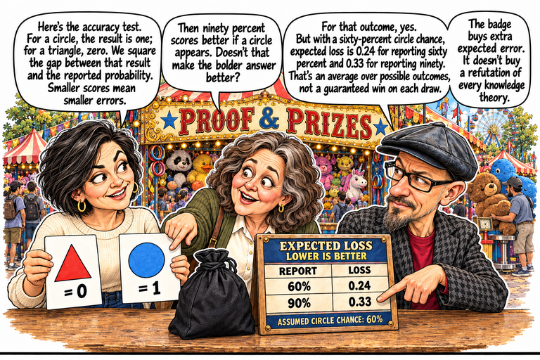 Scene 4: The cost of the promotion. Morgan holds two fully visible cards: a red triangle labeled =0 on the left and a blue circle labeled =1 on the right. Ruth points down toward the circle card without covering its shape. Phil points beside the 0.33 entry on a board reading EXPECTED LOSS, LOWER IS BETTER, with REPORT and LOSS columns: 60% / 0.24 and 90% / 0.33. Its footer states ASSUMED CIRCLE CHANCE: 60%. A closed black bag sits on the counter. Morgan and Ruth speak first; Phil’s reply follows in two linked balloon lobes.
