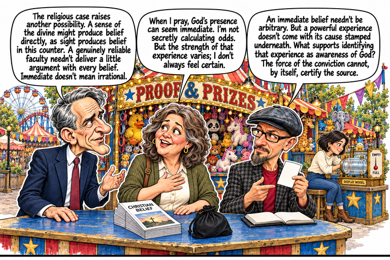 Scene 5: The feeling and its source. William rests one hand on the Proof & Prizes counter and gestures with the other while Ruth places a hand on her chest. Phil holds up a blank card and points toward it, with his dark notebook open on the counter. Stacks of CHRISTIAN BELIEF pamphlets and the tied black token bag sit in front of them. Morgan, in brown boots, sits in the background beside a transparent display reservoir and a rectangular indicator marked EMPTY and FULL. The balloons read left to right from William, Ruth and Phil.