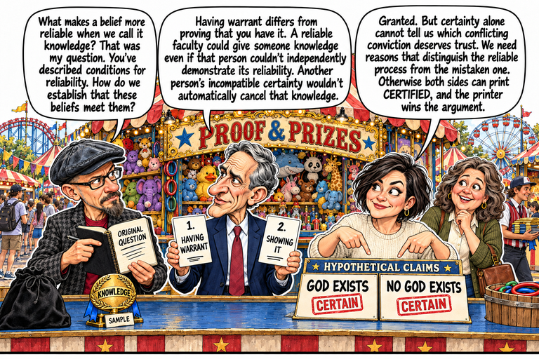 Scene 7: Two certificates. Phil shows a page headed ORIGINAL QUESTION in his dark bound notebook. William holds two cards: 1. HAVING WARRANT and 2. SHOWING IT. Morgan points down toward a display headed HYPOTHETICAL CLAIMS, whose cards read GOD EXISTS and NO GOD EXISTS, each stamped CERTAIN. Ruth watches behind her. A gold KNOWLEDGE badge with a SAMPLE label stands separately from the tied black cloth bag on the counter. Phil, William and Morgan speak from left to right.