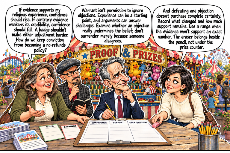Scene 8: Leave room for the eraser. Ruth holds the left corner of a broad clipboard and gestures beside separate FOR and AGAINST cards. William holds a pencil immediately above its SUPPORT column while considering the question. Morgan rests her hand on a pink eraser beside the board; Phil watches behind Ruth. The clipboard’s three columns—CONFIDENCE, SUPPORT and OPEN QUESTIONS—remain blank, without invented percentages or conclusions. Prize toys, pamphlets and passing visitors fill the setting.