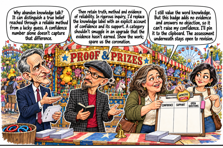 Scene 9: The badge and the unfinished page. William stands at left holding three numbered notes, with his free hand open toward Phil. Phil responds at center with his dark notebook and an open palm. Ruth holds the unfinished clipboard while attaching the KNOWLEDGE badge and its SAMPLE tag above the headings. CONFIDENCE, SUPPORT and OPEN QUESTIONS remain readable and blank underneath. Morgan points beside the pink eraser clipped to the board’s right edge. Proof & Prizes and its crowded toy rack form the backdrop.