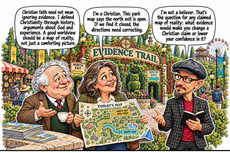 Scene 1: A map of the evidence. John gestures with an open hand while holding a teacup beside Ruth, who presents a folded park map. Its yellow north route is labelled NORTH EXIT OPEN TODAY; the teal route is labelled SOUTH EXIT. Phil holds his notebook and raises an open hand. Behind them, the Evidence Trail arch and separate north and south direction signs stand amid hedges, flowers, a compass stall and passing visitors.