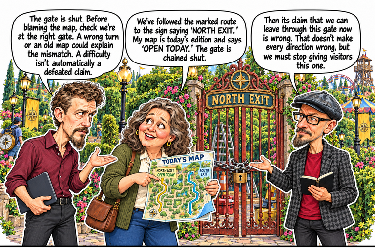Scene 2: Are we at the right gate?. Michael, Ruth and Phil stand before a closed red gate labeled NORTH EXIT. A single chain and padlock secure it, with a ladder and toolbox beyond the bars. Ruth points just beneath NORTH EXIT / OPEN TODAY on her loose map, whose yellow and teal routes and blue folded corner remain visible. Michael holds his tablet and an open palm; Phil gestures toward the chain while holding his notebook.