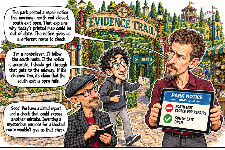 Scene 3: A reason we can check. Three speech balloons descend at left toward Michael, Alex and Phil. Michael holds a tablet displaying a park notice dated TODAY9:00: NORTH EXIT CLOSED FOR REPAIRS and SOUTH EXIT OPEN. Alex gestures toward the teal south-exit arrow with one foot raised to begin walking. Phil holds a pen and notebook. The Evidence Trail arch, hedges, tower and compass stall fill the background.