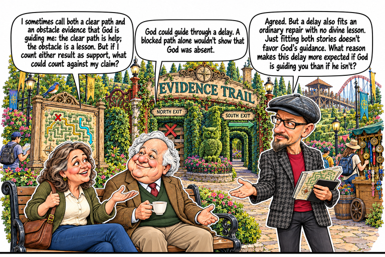 Scene 5: When both outcomes count as success. Ruth and John sit on a park bench while Phil stands at right. Ruth holds her bag strap and raises an open palm; John holds a white teacup and opens his other hand. Phil holds a map and notebook while responding with an open palm. A blocked north route, open south hedge passage, owl topiary, map board and compass cart fill the background.