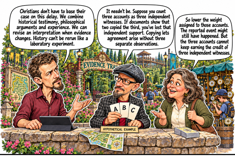 Scene 6: What the records could change. Michael gestures beside his tablet on a low stone wall. Phil holds three plain fanned cards marked A, B and C above a label reading HYPOTHETICAL EXAMPLE. Ruth responds with an open palm and her other hand on her bag strap. A folded park map lies on the wall. Behind them are the Evidence Trail arch, hedges, an owl topiary, a tower and a compass stall with visitors.