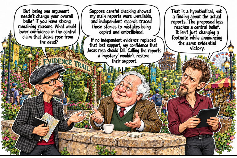 Scene 7: A loss that reaches the conclusion. Phil at left asks John in the center a question across the stone wall. John holds both palms open, with his white teacup and three plain face-down cards on the wall. Michael at right holds his tablet and listens with a tilted head. The owl topiary, Evidence Trail arch, visitors and compass stall surround them.